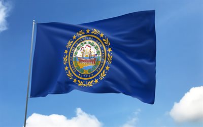 New Hampshire flag on flagpole, 4K, american states, blue sky, flag of New Hampshire, wavy satin flags, New Hampshire flag, US States, flagpole with flags, United States, Day of New Hampshire, USA, New Hampshire