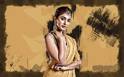 4k, Pooja Hegde, grunge art, indian actor, Bollywood, movie stars, artwork, picture with Pooja Hegde, brown grunge background, indian celebrity, Pooja Hegde 4k
