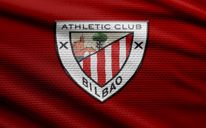 logo de tissu de bilbao athlétique, 4k, contexte de tissu rouge, la ligue, bokeh, football, logo de bilbao athlétique, emblème de bilbao athlétique, bilbao athlétique, club de football espagnol, fc de bilbao athlétique