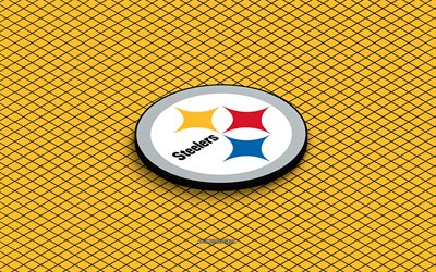 4k, Pittsburgh Steelers isometric logo, 3d art, American football club, isometric art, Pittsburgh Steelers, yellow background, NFL, USA, American football, isometric emblem, Pittsburgh Steelers logo