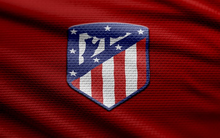 atletico madrid fabric logo, 4k, hintergrund roter stoff, laliga, bokeh, fußball, atletico madrid logo, atletico madrid emblem, atletico madrid, spanischer fußballverein, atletico madrid fc