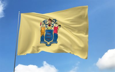 New Jersey flag on flagpole, 4K, american states, blue sky, flag of New Jersey, wavy satin flags, New Jersey flag, US States, flagpole with flags, United States, Day of New Jersey, USA, New Jersey