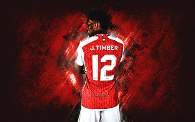 Jurrien Timber, Arsenal FC, Dutch football player, red stone background, grunge art, Arsenal, Premier League, England, football