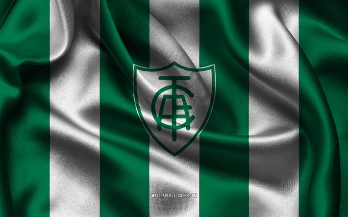 4k, america mineiroのロゴ, 緑の白い絹の布, ブラジルのサッカーチーム, アメリカのミネイロのエンブレム, ブラジルのセリエa, アメリカミネイロ, ブラジル, フットボール, アメリカ鉱山旗, サッカー, america mineiro fc, アメリカmg