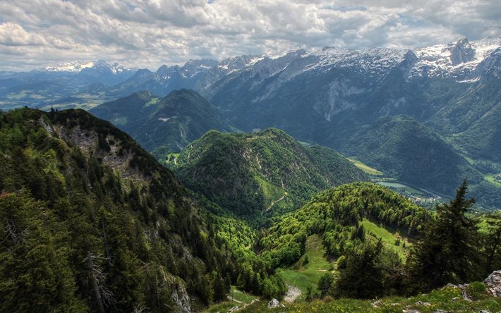 오스트리아, 산, 여름, 구름, alps