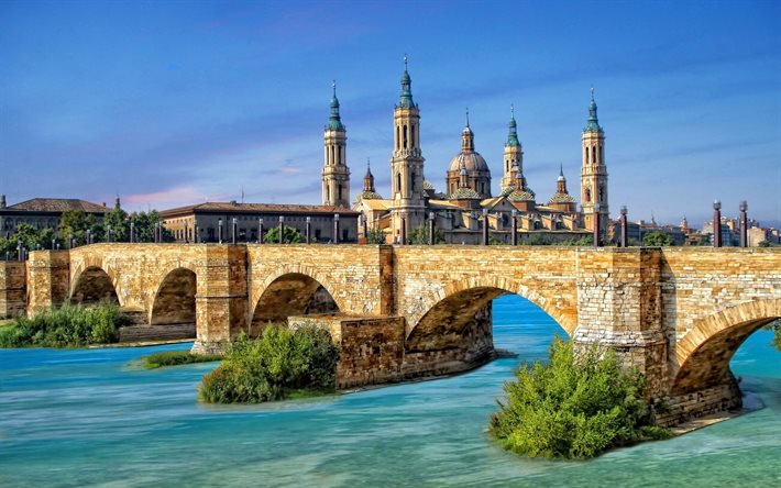Zaragoza, bridge, Spain, Basilica of Our Lady of the Pillar, Ebro river, summer, HDR