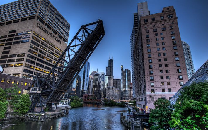 शिकागो, शाम शहर, इमारतों, अमेरिका, पुल, संयुक्त राज्य अमेरिका