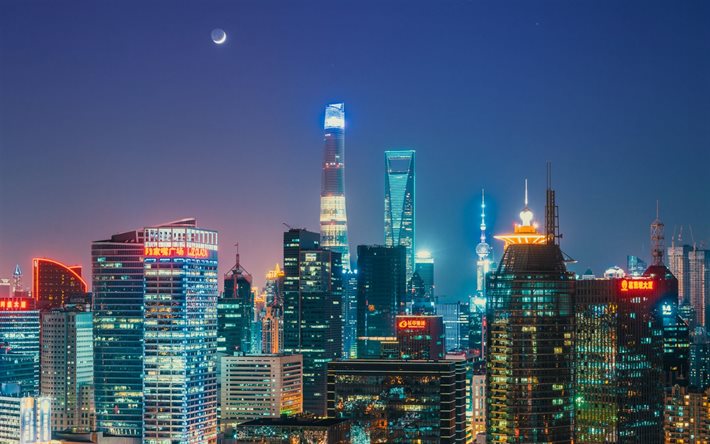 Shanghai, buildings, Shanghai Tower, Oriental Pearl Tower, Shanghai World Financial Center, moon, China