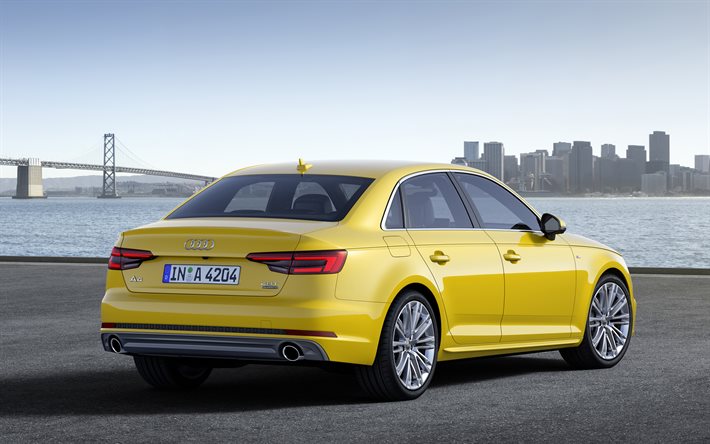 Audi A4, 2017, new yellow sedan, new a4, German cars, rear view, Audi, 4k