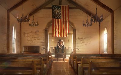 Far Cry 5, 2017, poster, 4k, nuovi giochi, aula di tribunale, bandiera degli stati UNITI