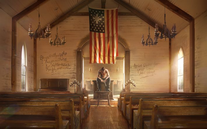 Far Cry 5, 2017, affiches, 4k, de nouveaux jeux, salle d'audience, le drapeau des états-unis