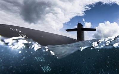 sous-marin nucléaire, l'océan, les vagues, les sous-marins, navires de guerre