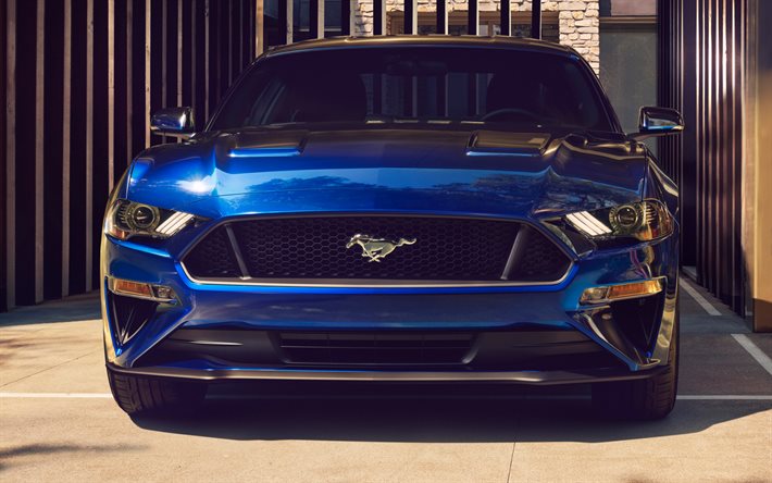 Ford Mustang GT, 2017, V8, vue de face, bleu mustang, coupé sport, Ford