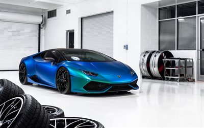 4k, Lamborghini Huracan, garage, 2017 cars, hypercars, blue Huracan, Lamborghini