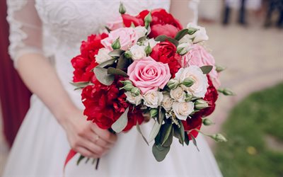 wedding bouquet, bride, red peonies, pink roses, bouquet of the bride, roses
