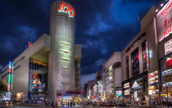 일본, 도쿄, 거리, 현대적인 건물, 야경, asi