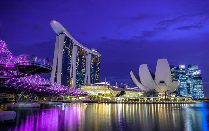 marina bay sands, singapore, stadsljus, vik, natt, skyskrapor