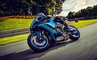 4k, Yamaha YZF-R1, raceway, 2022 bikes, HDR, superbikes, sportsbikes, Blue Yamaha YZF-R1, japanese motorcycles, Yamaha