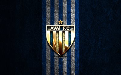 Avai FC golden logo, 4k, blue stone background, Brazilian Serie A, brazilian football club, Avai FC logo, soccer, Avai FC emblem, Avai, football, Avai FC