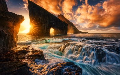Drangarnir, tidal bore, sunset, rocks, cliffs, waves, Atlantic Ocean, HDR, Faroe Islands, Denmark, Europe, beautiful nature