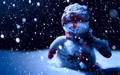 snowman, forest, snowdrifts, winter, snowfall, cartoon characters, Happy New Year, snowmen