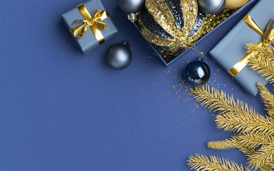 feliz natal, feliz ano novo, fundo azul com presentes de natal, presente azul com um laço de ouro, decorações de natal, fundo de natal