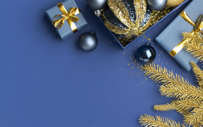 メリークリスマス, あけましておめでとう, 青色の背景にクリスマス プレゼント, 金の弓を持つ青い贈り物, クリスマスの飾り, クリスマスの背景