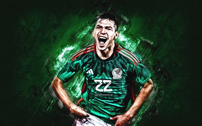 hirving lozano, mexikos fotbollslandslag, porträtt, mål, mexikansk fotbollsspelare, grön sten bakgrund, fotboll, mexiko