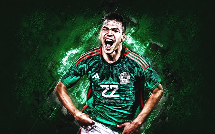 hirving lozano, mexikos fotbollslandslag, porträtt, mål, mexikansk fotbollsspelare, grön sten bakgrund, fotboll, mexiko