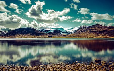 monte esja, 4k, hitos islandeses, lago, reikiavik, islandia, europa, hermosa naturaleza, hdr