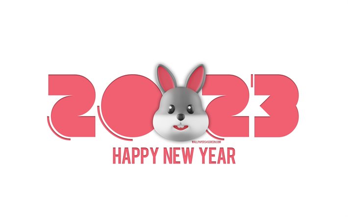 felice anno nuovo 2023, 4k, faccia di coniglio 3d, concetti del 2023, sfondo del coniglietto del 2023, 2023 felice anno nuovo, arte 3d, simbolo 2023, biglietto di auguri 2023