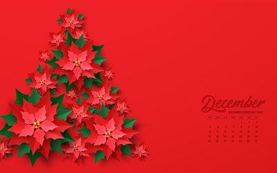 2022 December Calendar, 4k, red christmas background, 2022 concepts, December, Christmas tree of flowers, December 2022 Calendar, 2022 calendars