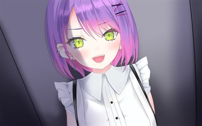 tokoyami towa, cheveux violets, youtubeur virtuel, vtuber, fille aux yeux verts, ouvrages d'art, mangas, canal tokoyami towa