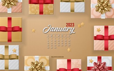 kalender januar 2023, 4k, weihnachtshintergrund mit geschenken, 2023 konzepte, januar, weihnachtsgeschenke, kreativ kunst, kalender 2023