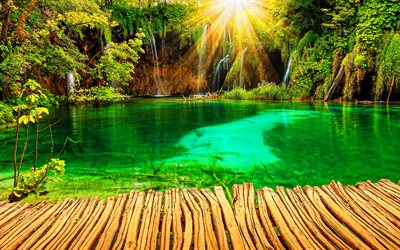Plitvice Lakes National Park, 4k, sun rays, waterfalls, croatian landmarks, summer, beautiful nature, Europe, HDR, Croatia, mountainous karst area, Plitvice Lakes