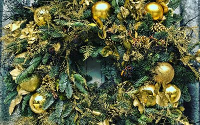 4k, Christmas wreath with golden balls, Happy New Year, Merry christmas, Christmas wreath, Christmas scenery, Christmas golden balls