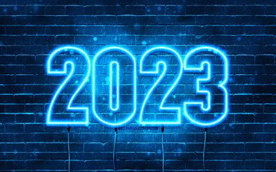 4k, frohes neues jahr 2023, blaue ziegelwand, stromkabel, 2023 konzepte, 2023 neonziffern, 2023 frohes neues jahr, neonkunst, kreativ, 2023 blauer hintergrund, 2023 jahr, 2023 blaue ziffern
