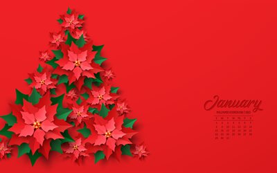 calendario gennaio 2023, 4k, sfondo rosso di natale, concetti del 2023, gennaio, albero di natale di fiori, calendari 2023