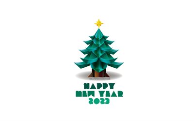 4k, frohes neues jahr 2023, 3d grüner baum, 2023 konzepte, weißer hintergrund, 3d weihnachtsbaum, 2023 frohes neues jahr, grußkarte 2023, isometrischer weihnachtsbaum