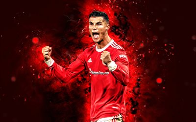 4k, Cristiano Ronaldo, goal, Manchester United FC, football stars, joy, CR7, Manchester United, Cristiano Ronaldo Manchester United, red neon lights, CR7 Man United, Cristiano Ronaldo 4K