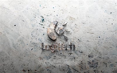 شعار حجر لوجيتك, 4k, الحجر الخلفية, شعار logitech 3d, العلامات التجارية, خلاق, شعار logitech, فن الجرونج, لوجيتك