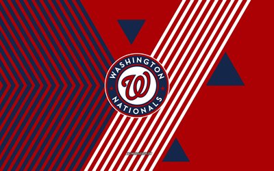 logotipo de los nacionales de washington, 4k, equipo de beisbol americano, fondo de líneas azules rojas, nacionales de washington, mlb, eeuu, arte lineal, emblema de los nacionales de washington, béisbol
