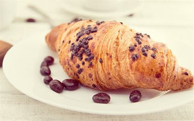 4k, croissant with chocolate, breakfast, pastries, croissants, sweets, chocolate, croissant background