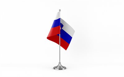 4k, bandiera da tavolo della slovenia, sfondo bianco, bandiera della slovenia, bandiera della slovenia sul bastone di metallo, simboli nazionali, slovenia, europa