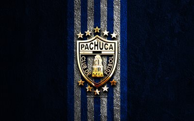 cf pachuca gyllene logotyp, 4k, blå sten bakgrund, liga mx, mexikansk fotbollsklubb, cf pachuca logotyp, fotboll, cf pachuca emblem, cf pachuca, pachuca fc