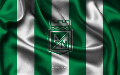 4k, atletico nacional logosu, yeşil beyaz ipek kumaş, kolombiya futbol takımı, atletico nacional amblemi, kategori primera a, atletico nacional, kolombiya, futbol, atletico ulusal bayrağı