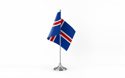 4k, bandeira de mesa da islândia, fundo branco, bandeira da islândia, bandeira da islândia na vara de metal, símbolos nacionais, islândia, europa