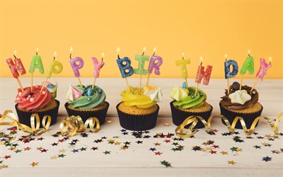 Happy birthday, 4k, colorful cupcakes, chocolate cupcakes, burning birthday candles, cakes, Happy birthday card, Happy birthday greeting card