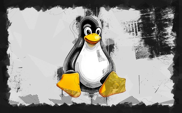 linux グランジ ロゴ, 4k, 灰色のグランジ背景, オペレーティングシステム, クリエイティブ, linux のロゴ, グランジアート, linux