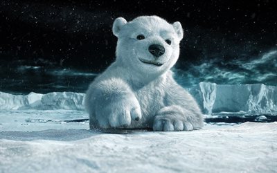 polar bear, 3D art, winter, snowdrifts, white bear, wildlife, predator, snowfall, bear, wild animals, 3D animals